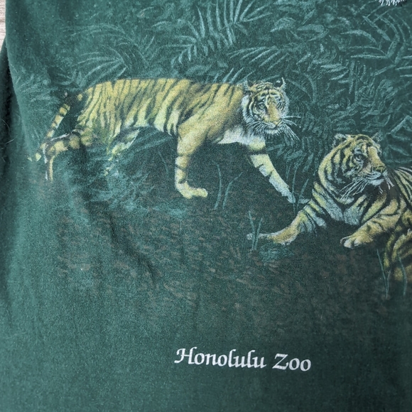 Vintage Fruit Of The Loom Honolulu Zoo Embroidered Tiger T Shirt Dark Green XL - Picture 4 of 9